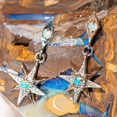 STARRY EYES 14KT WHITE GOLD & DIAMOND AUSTRALIAN WHITE OPAL DROP EARRINGS